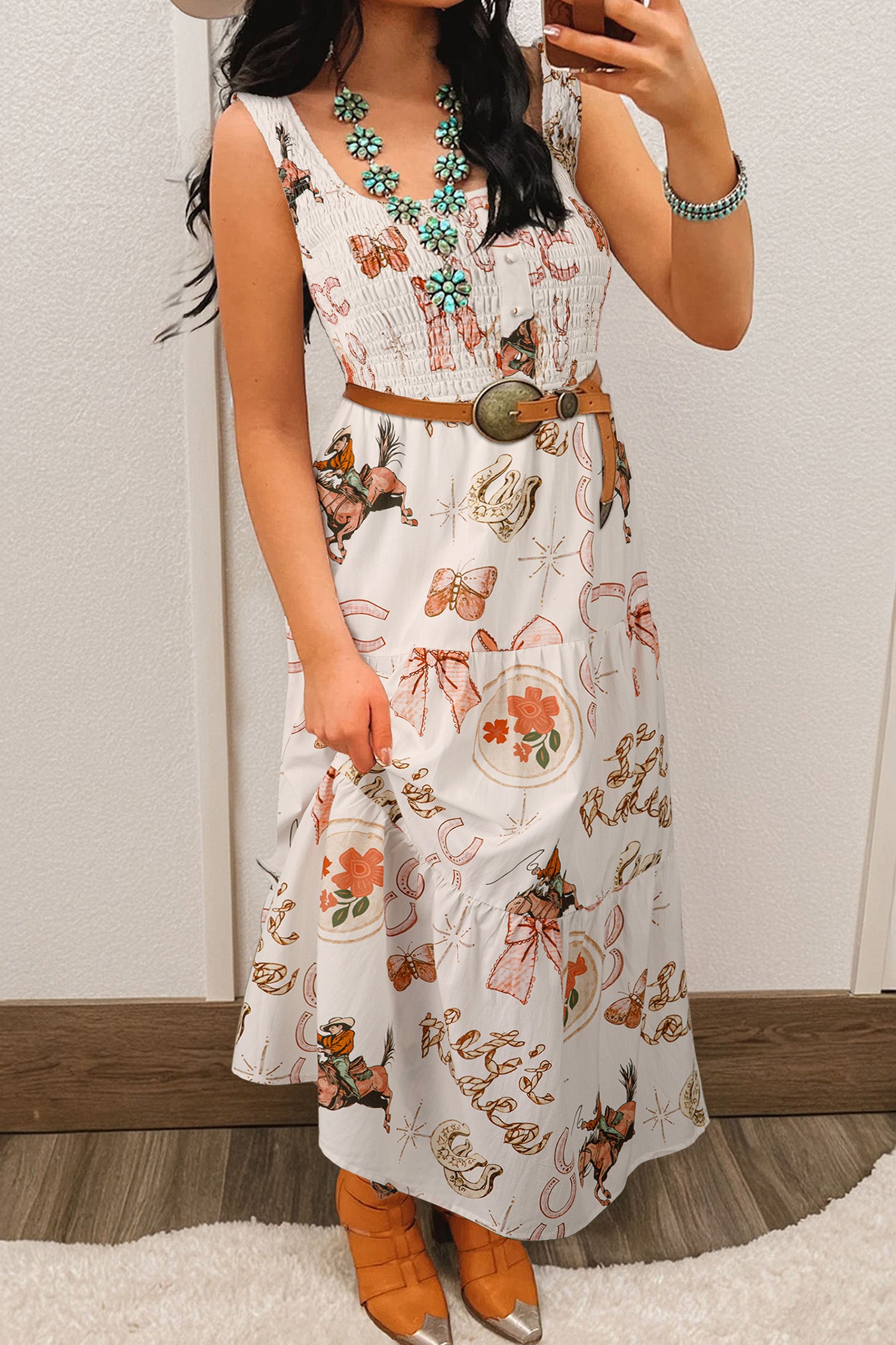western midi dress for women White Horseshoe Print U-Neck Sleeveless White / XL / 55%Cotton+45%Viscose A boutique western horseshoe Color:hot-pink mayoral baby girls Formal Dresses Maxi Ombre