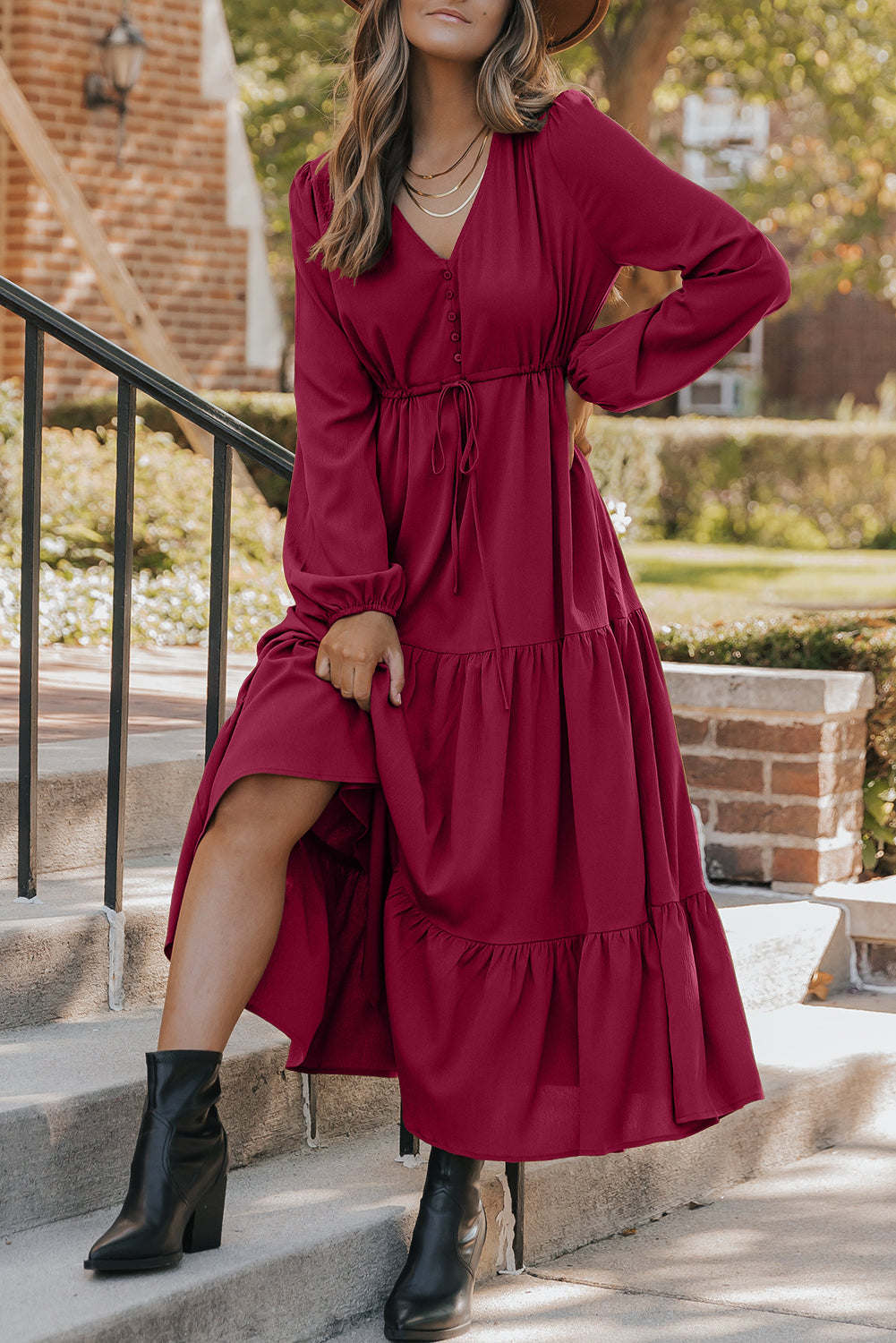 Burgundy Solid Long Sleeve Button V Neck Tiered Maxi Dress Burgundy / M / 100%Polyester