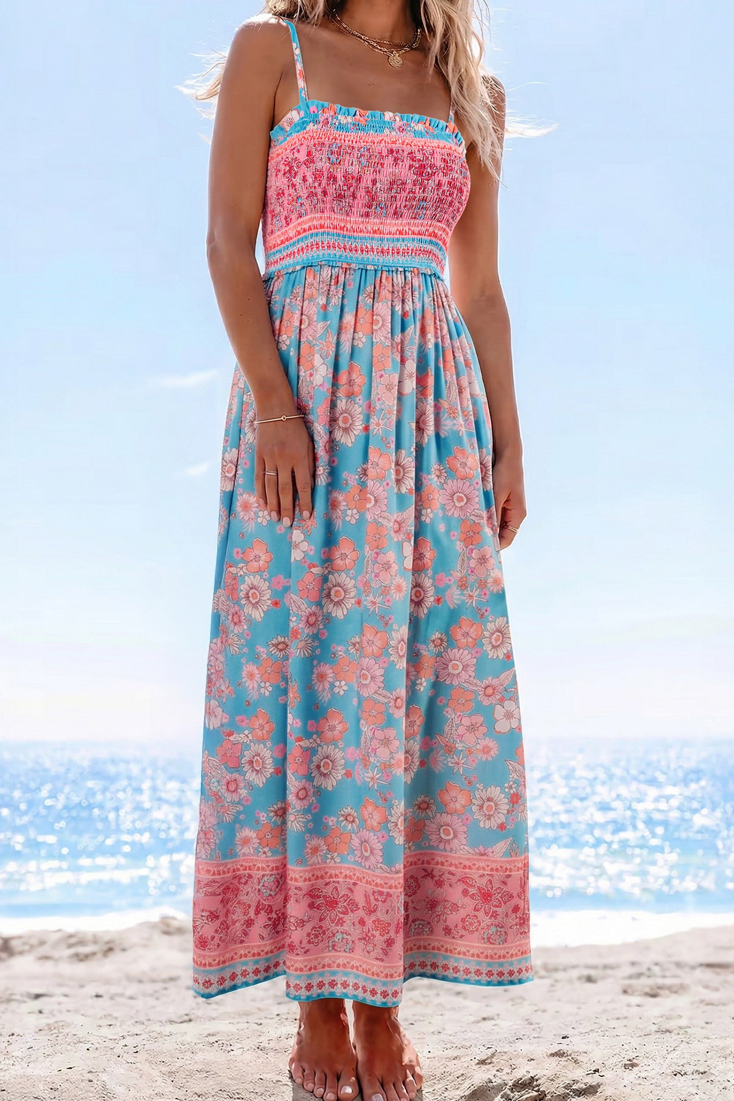 boho ethnic dress Sky Blue Bohemian Print Spaghetti Straps Vacation Maxi Sky Blue / S / 100%Polyester Size:M - UK 12 Festive Season Occasion badge:Sold Out Dramatic Mermaid Wedding Dress