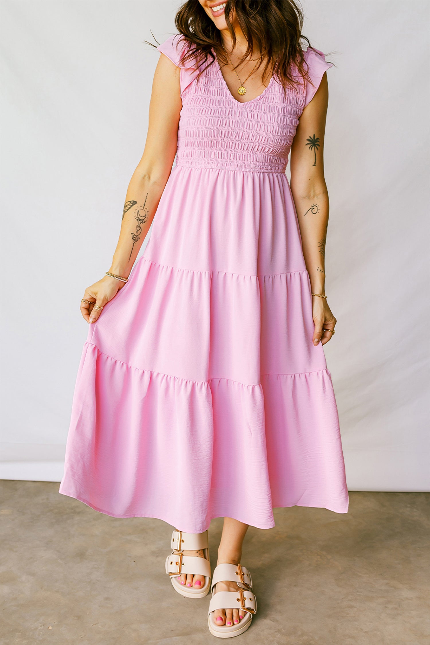 pink fit and flare midi dress Smocked Bodice Flutter Sleeve Tiered Pink / S / 100%Polyester SEPT 26 Color:Navy+Champagne feminine touch.Fit Tori Black's Fashion Style