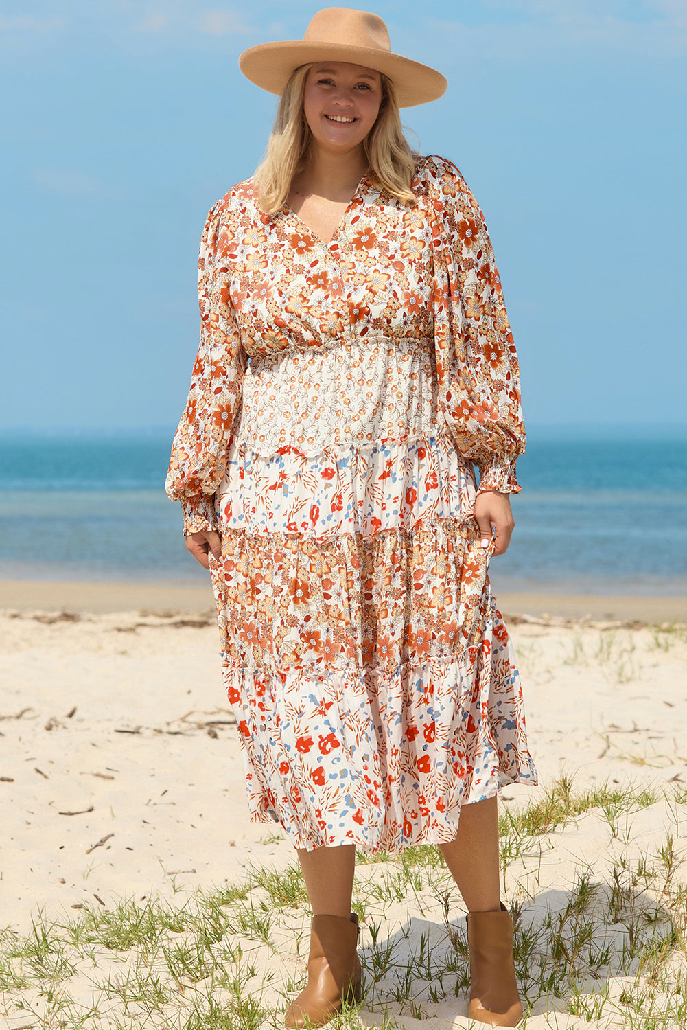 Khaki Plus Size Floral Tiered Ruffle Maxi Dress Khaki / 1X / 100%Polyester