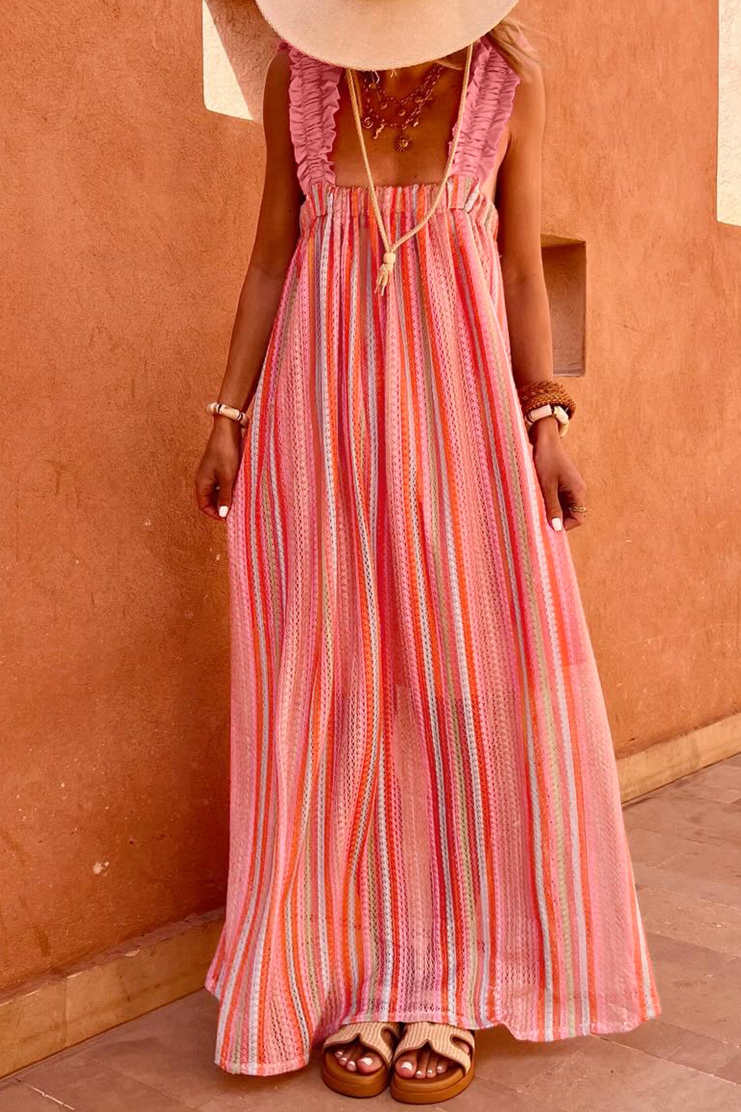 Pink Stripe Ruffled Straps Ribbon Knot Flowy Vacation Maxi Dress, Pink Stripe / M / 65%Polyester+35%Cotton Pink Stripe Ruffled Straps Ribbon Knot Flowy Vacation Maxi Dress, Pink Stripe / M / 65%Polyester+35%Cotton