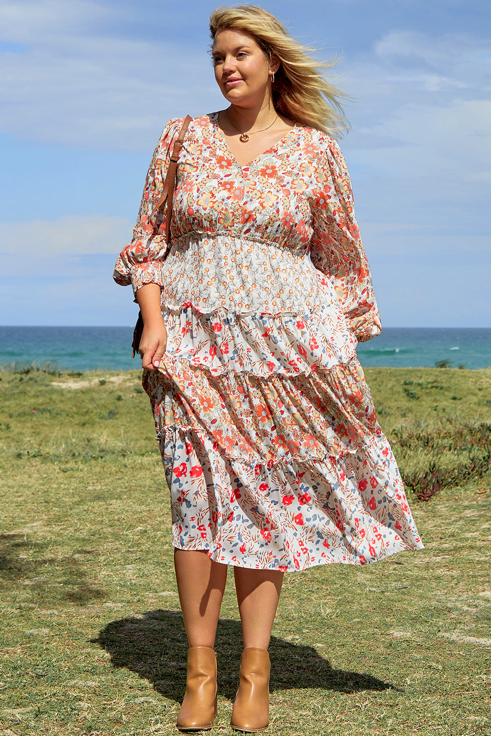 Khaki Plus Size Floral Tiered Ruffle Maxi Dress Khaki / 1X / 100%Polyester