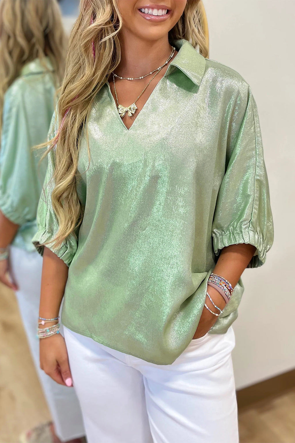 Myosotis Collared V Neck Half Sleeve Metallic Top