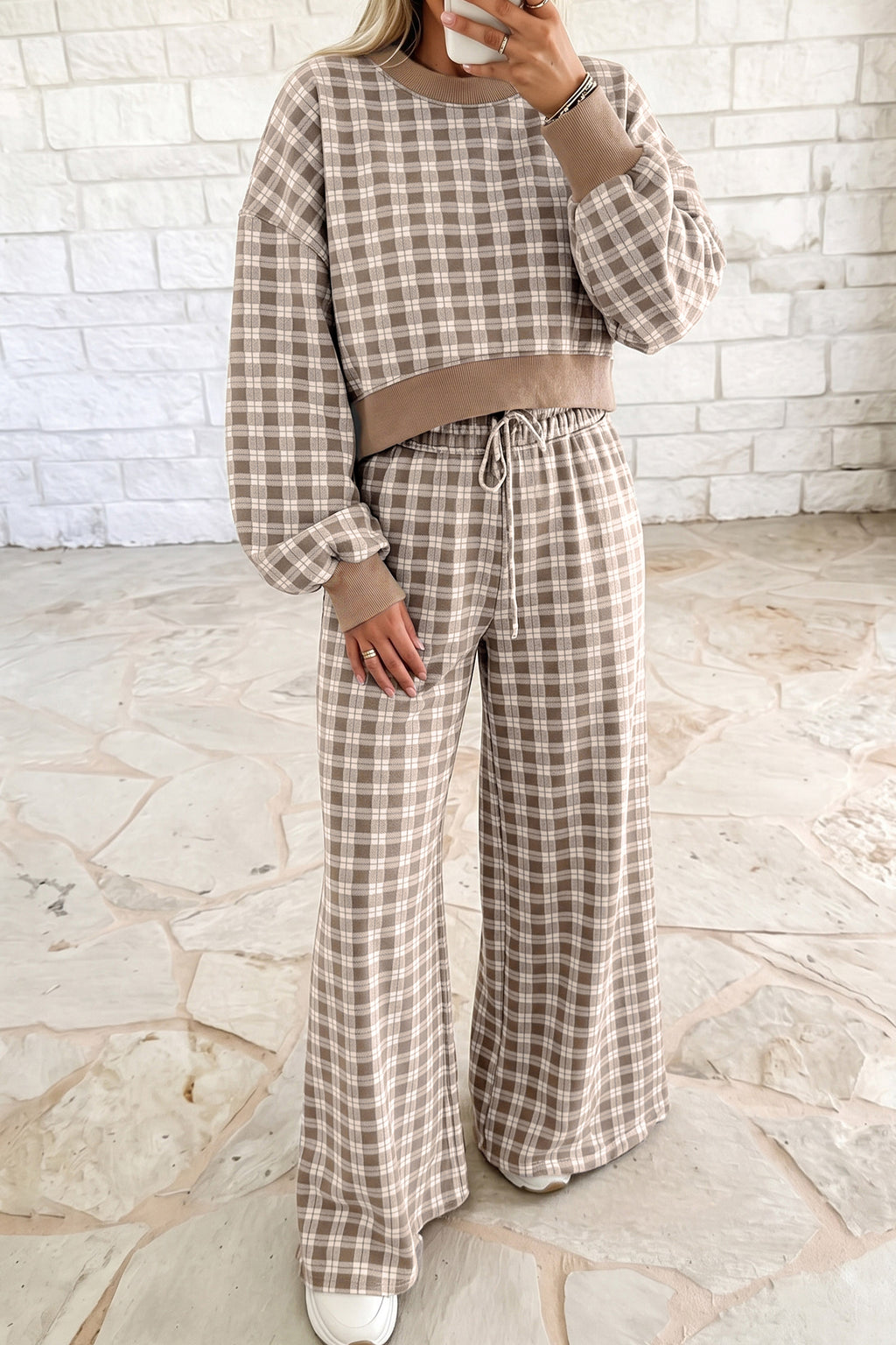 Plaid Cropped Long-Sleeve Top & Wide-Leg Pants Set