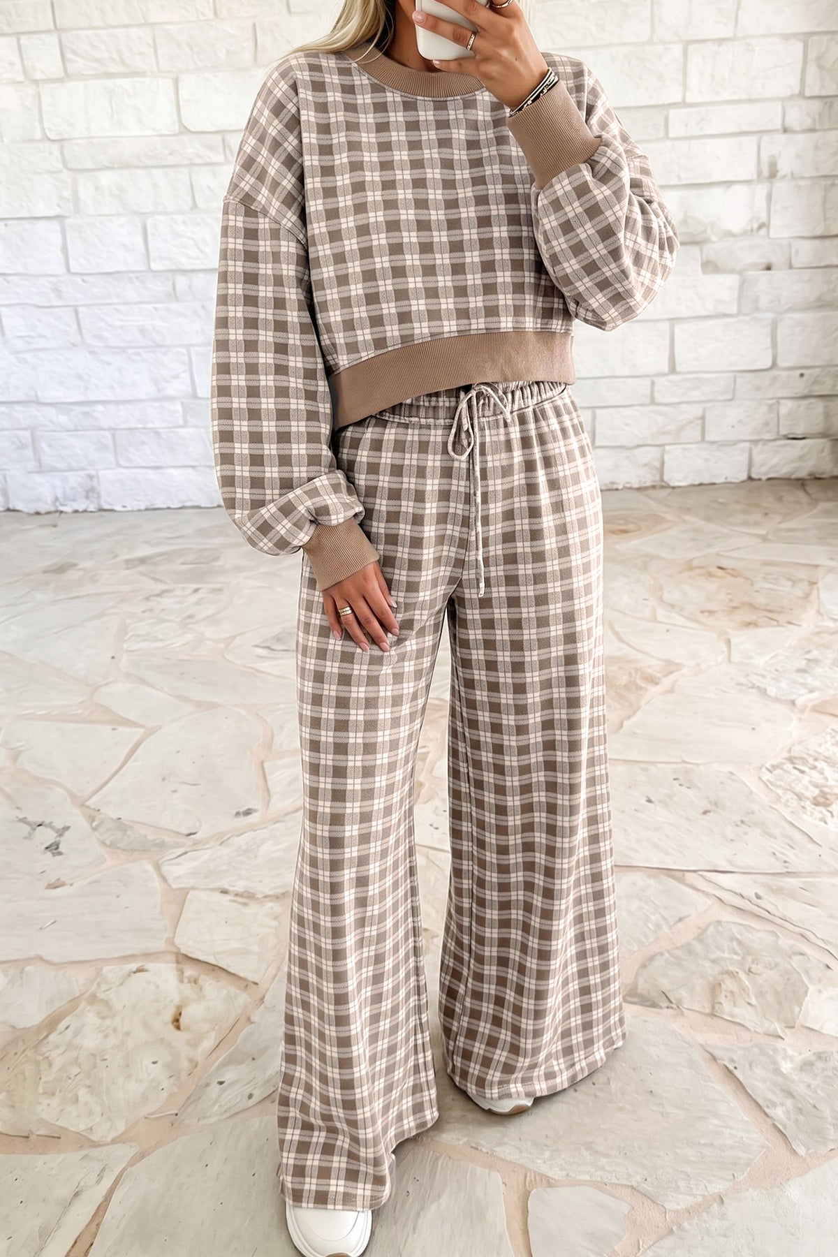 Plaid Cropped Long-Sleeve Top & Wide-Leg Pants Set