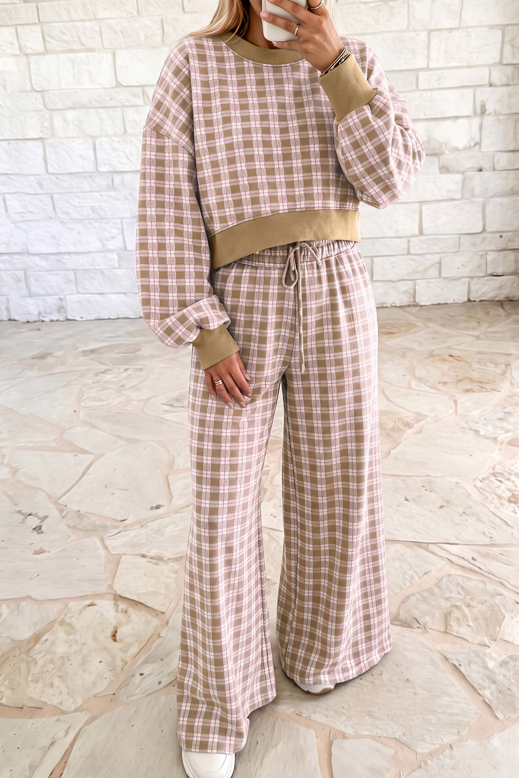 Plaid Cropped Long-Sleeve Top & Wide-Leg Pants Set
