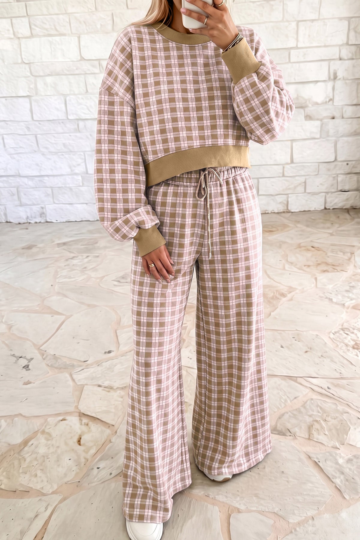 Plaid Cropped Long-Sleeve Top & Wide-Leg Pants Set