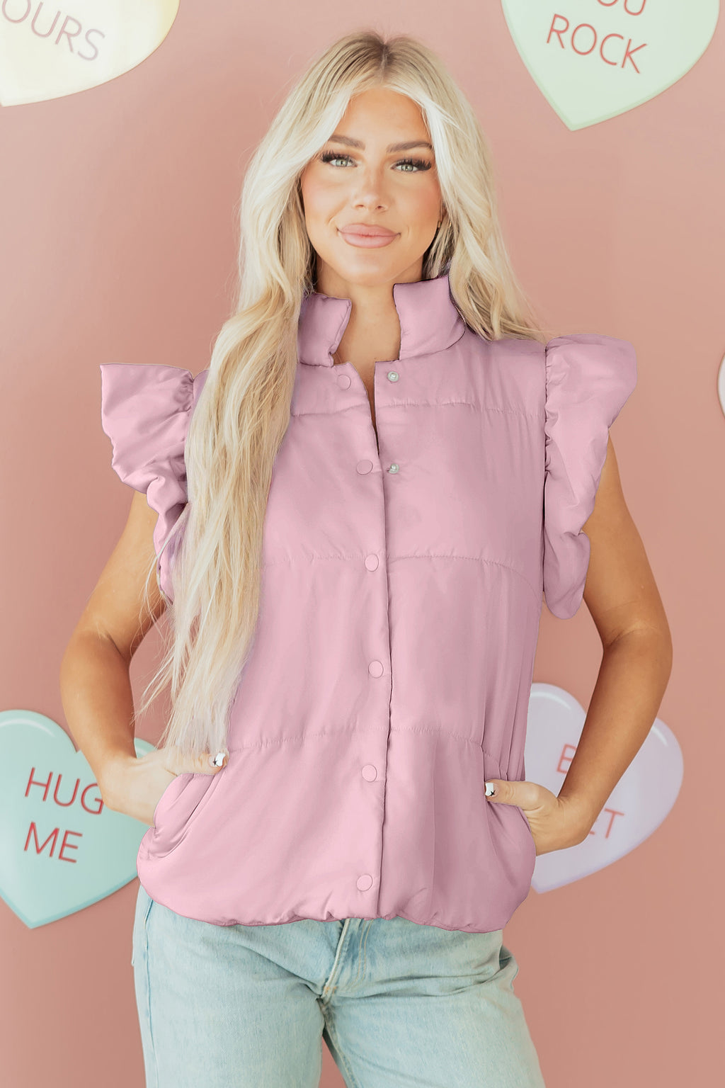 Pink Stand Neck Flutter Sleeve Snap Button Puffer Vest