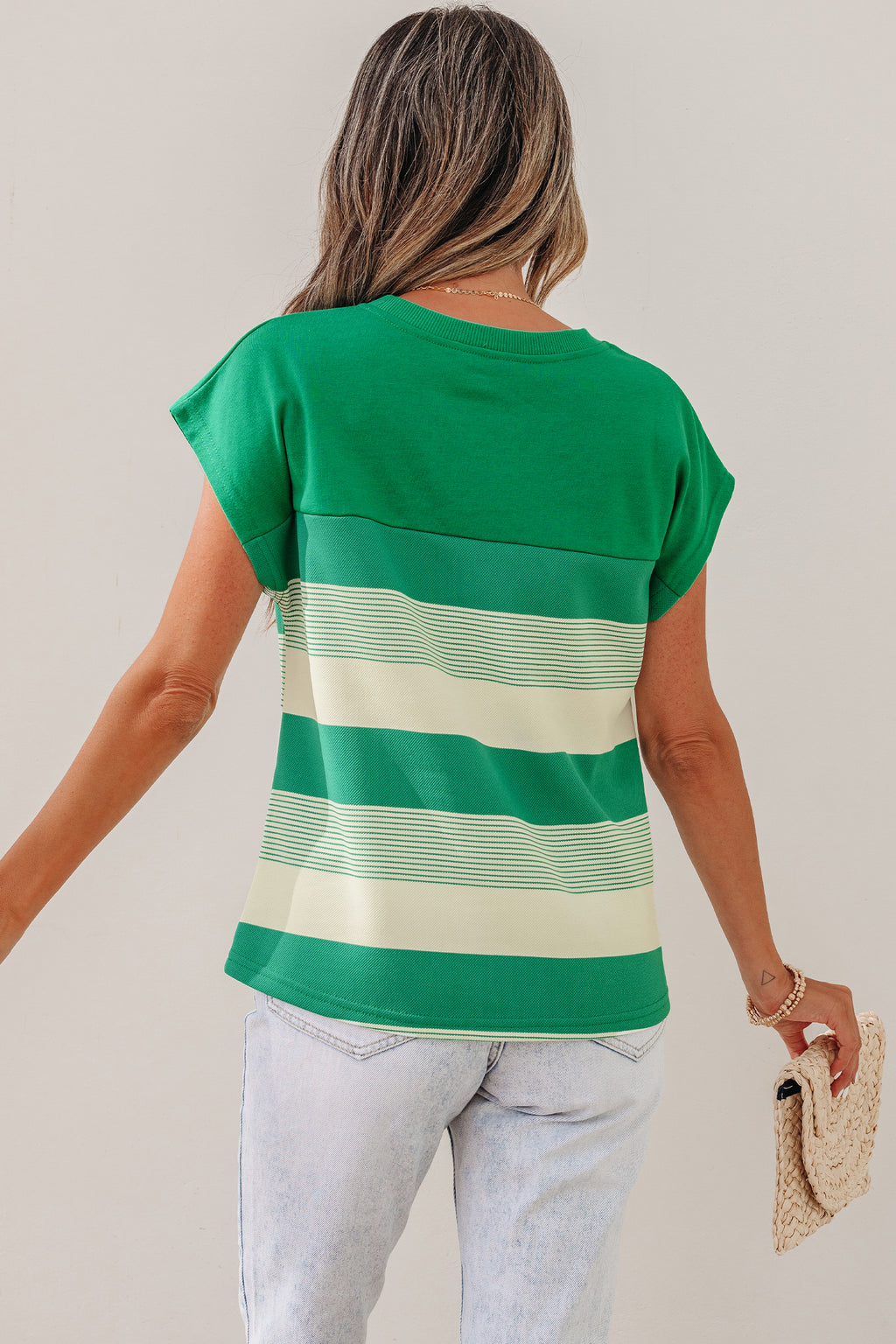 Black Stripe Mixed Print Crew Neck Cap Sleeve T Shirt