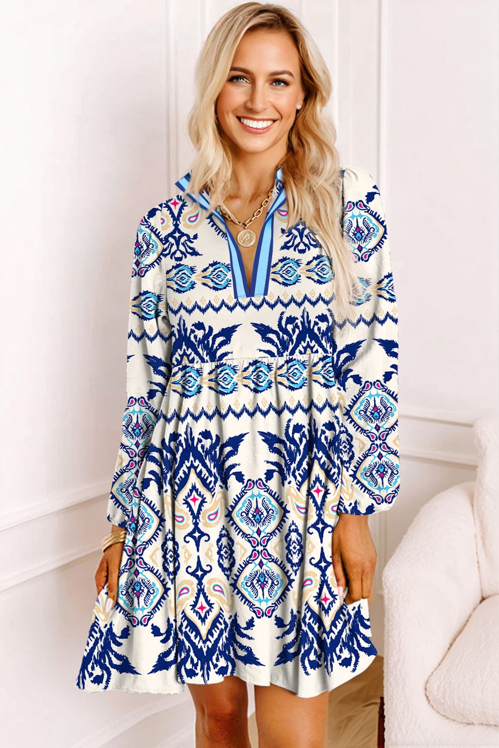 Blue Ethnic Print Striped Split Neck Long Sleeve Flowy Mini Dress Blue / L / 100%Polyester