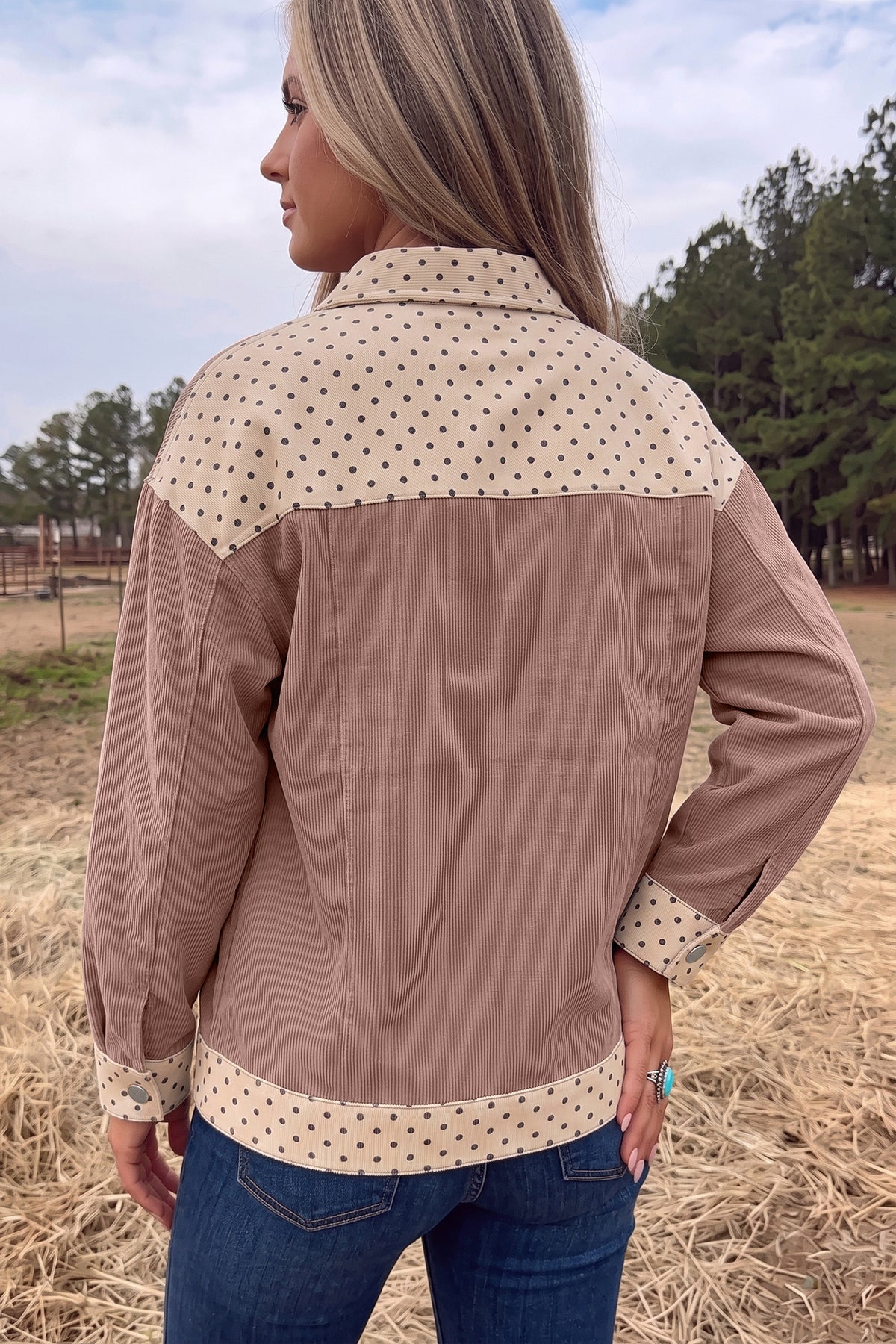 Polka Dot Patchwork Corduroy Button-Front Shacket