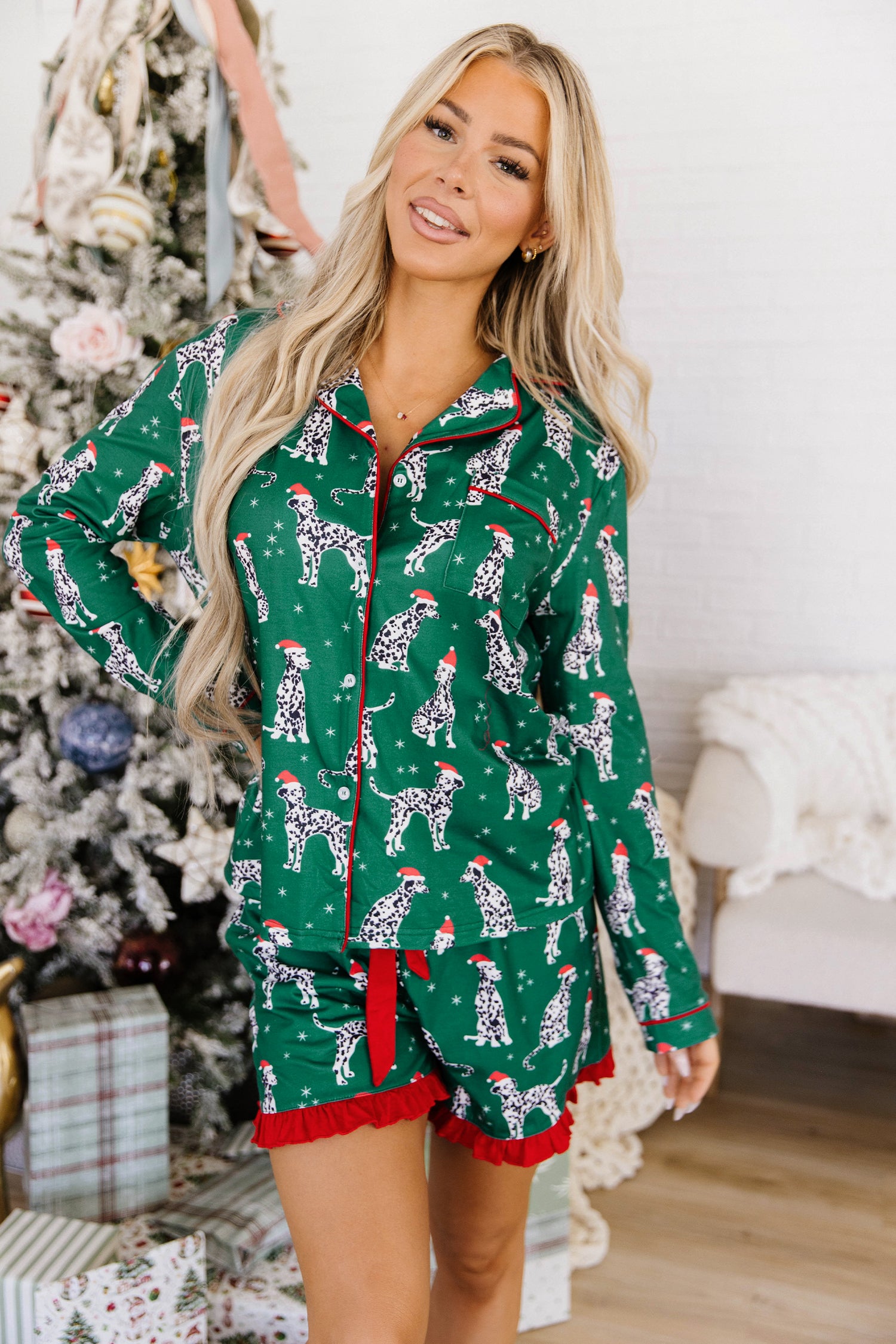 Green Long Sleeve Dog Print Two Piece Shift Christmas Lounge Set