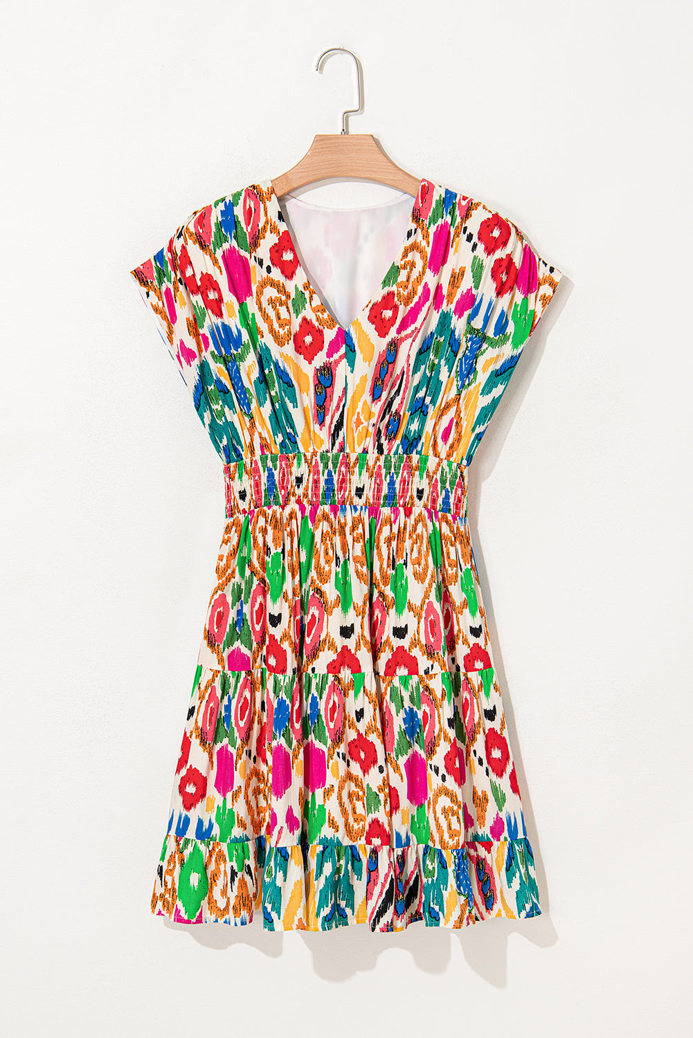 Sky Blue Abstract Print V Neck Dolman Sleeve Ruffle Tiered Mini Dress