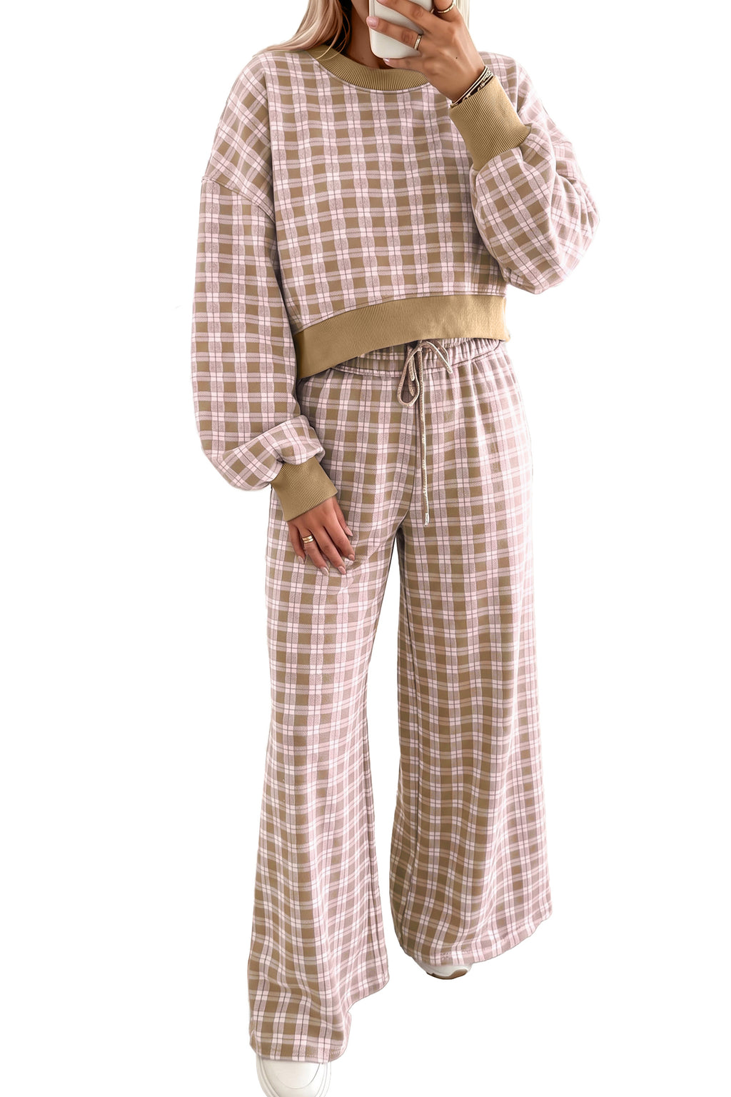 Plaid Cropped Long-Sleeve Top & Wide-Leg Pants Set