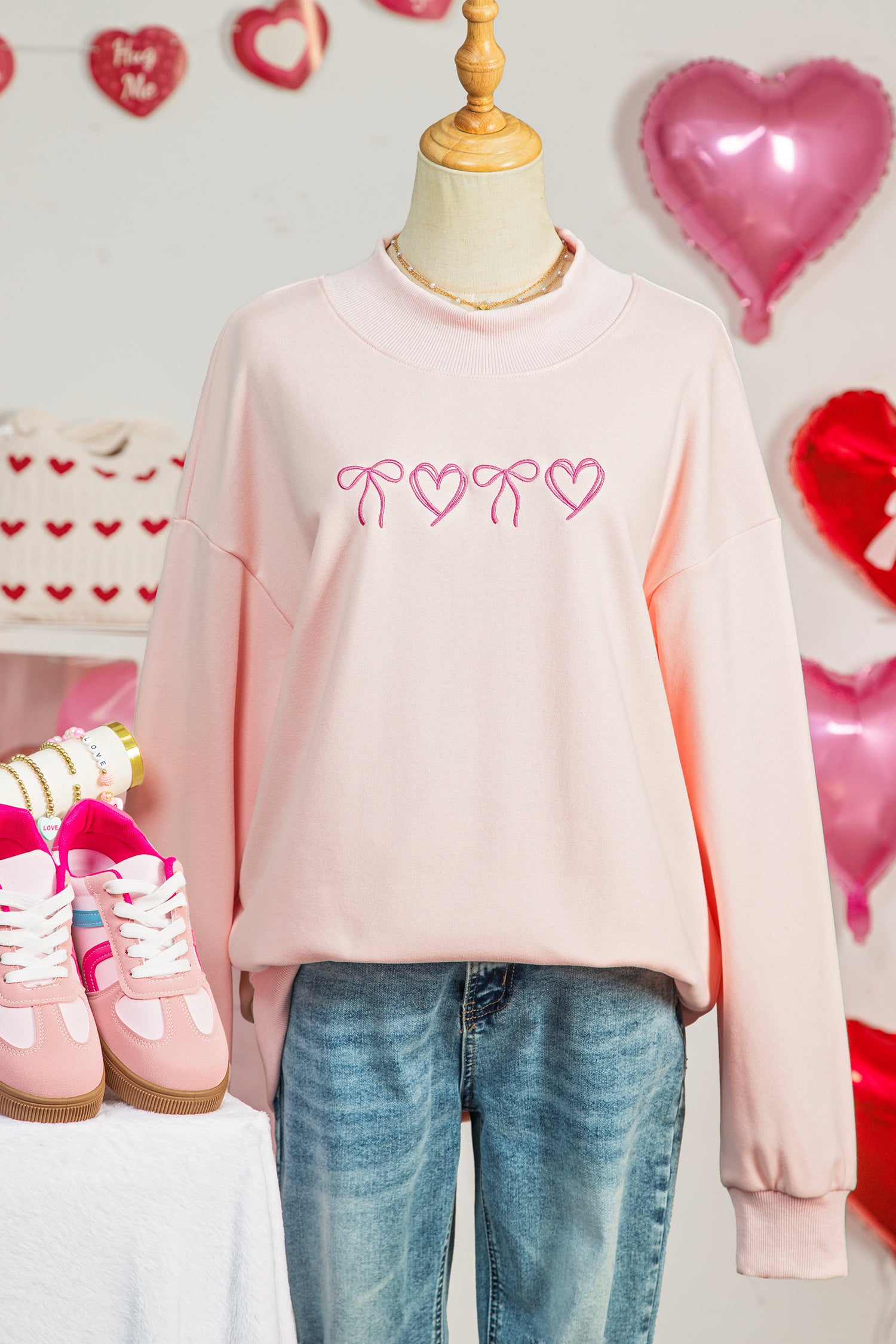 Apricot Pink Valentines Bow Heart Embroidered Mock Neck Sweatshirt