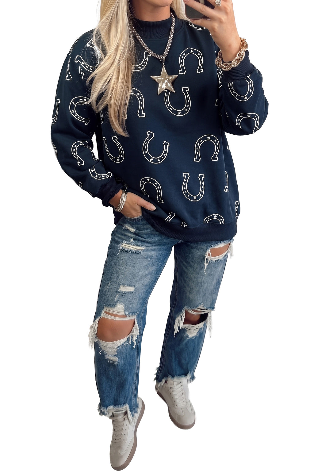 Western Horseshoe Print Mock Neck Sweatshirt