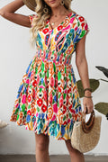 Sky Blue Abstract Print V Neck Dolman Sleeve Ruffle Tiered Mini Dress