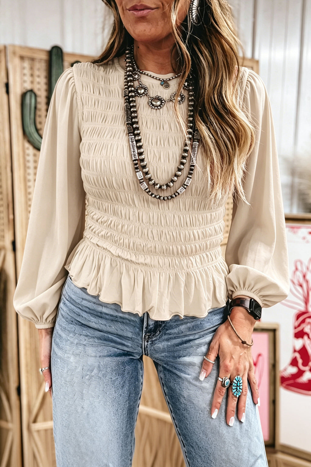 Coffee Solid Color Smocked Ruffle Hem Long Sleeve Blouse