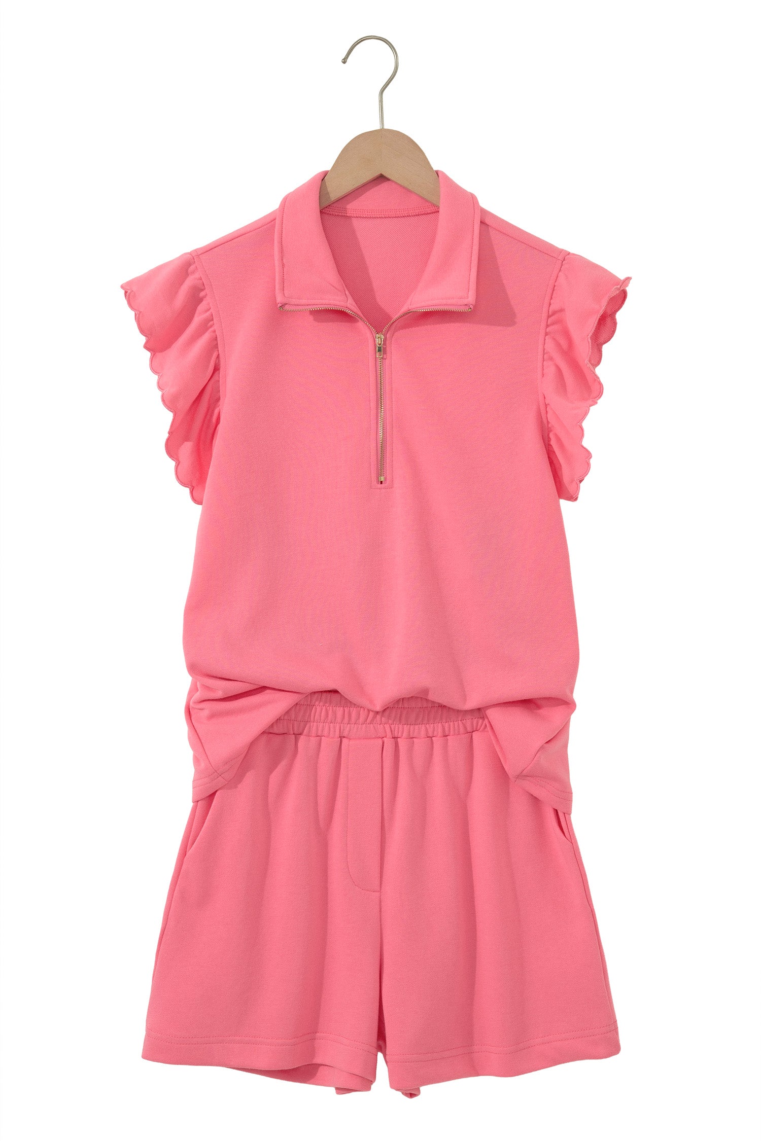Sky Blue Half Zipped Ruffled Short Set