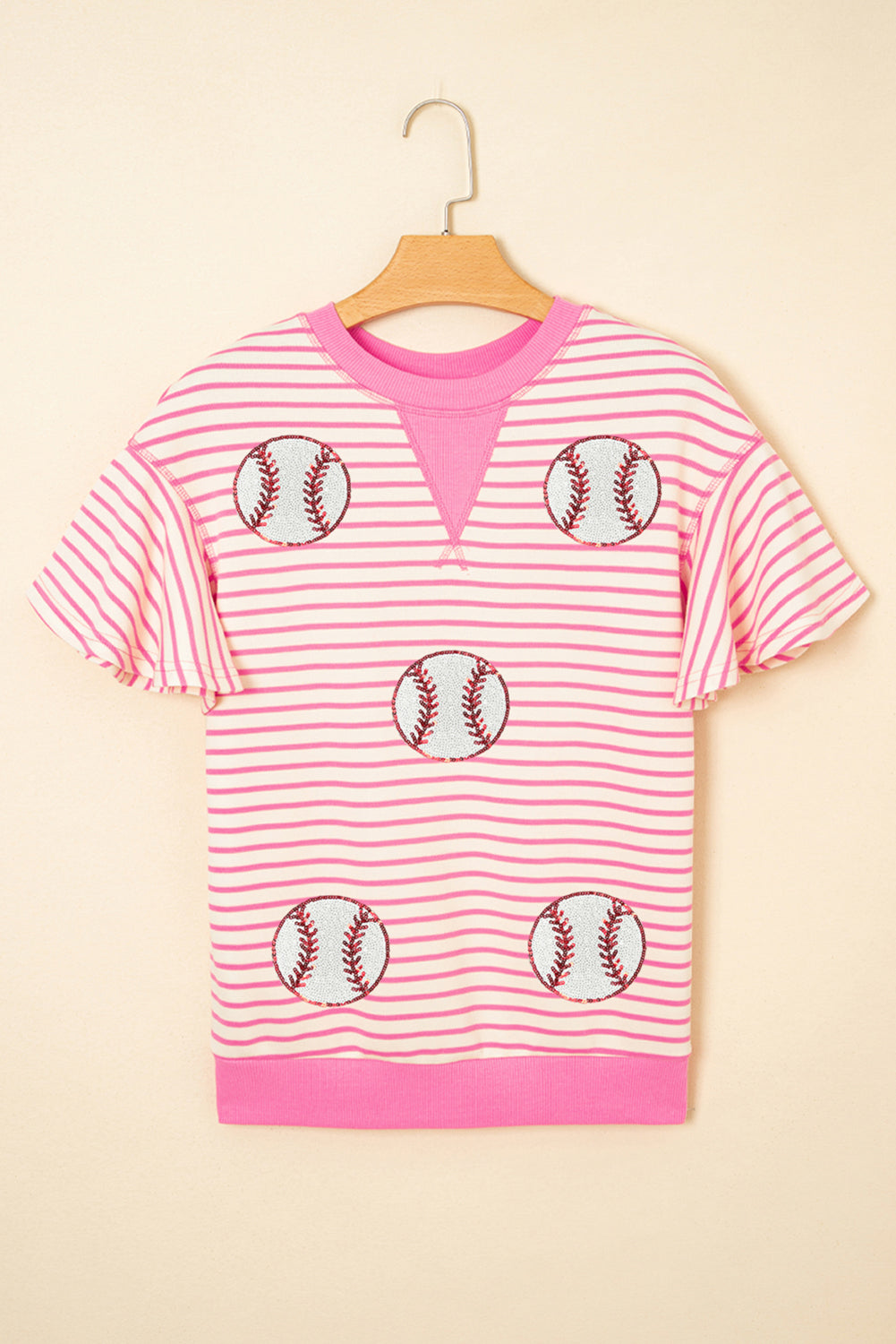 Sachet Pink Sequin Baseball Pattern Striped Ruffle Sleeve Round Neck Knit Top