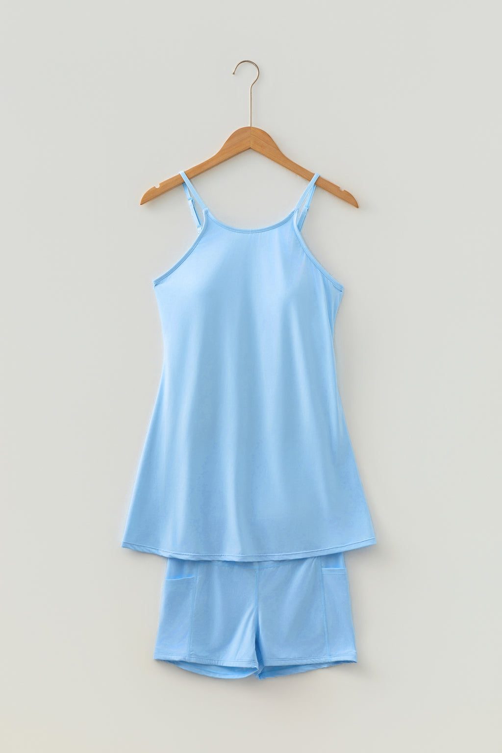Beau Blue Solid Color Tunic Tank Dress Athletic Shorts Two Piece Set