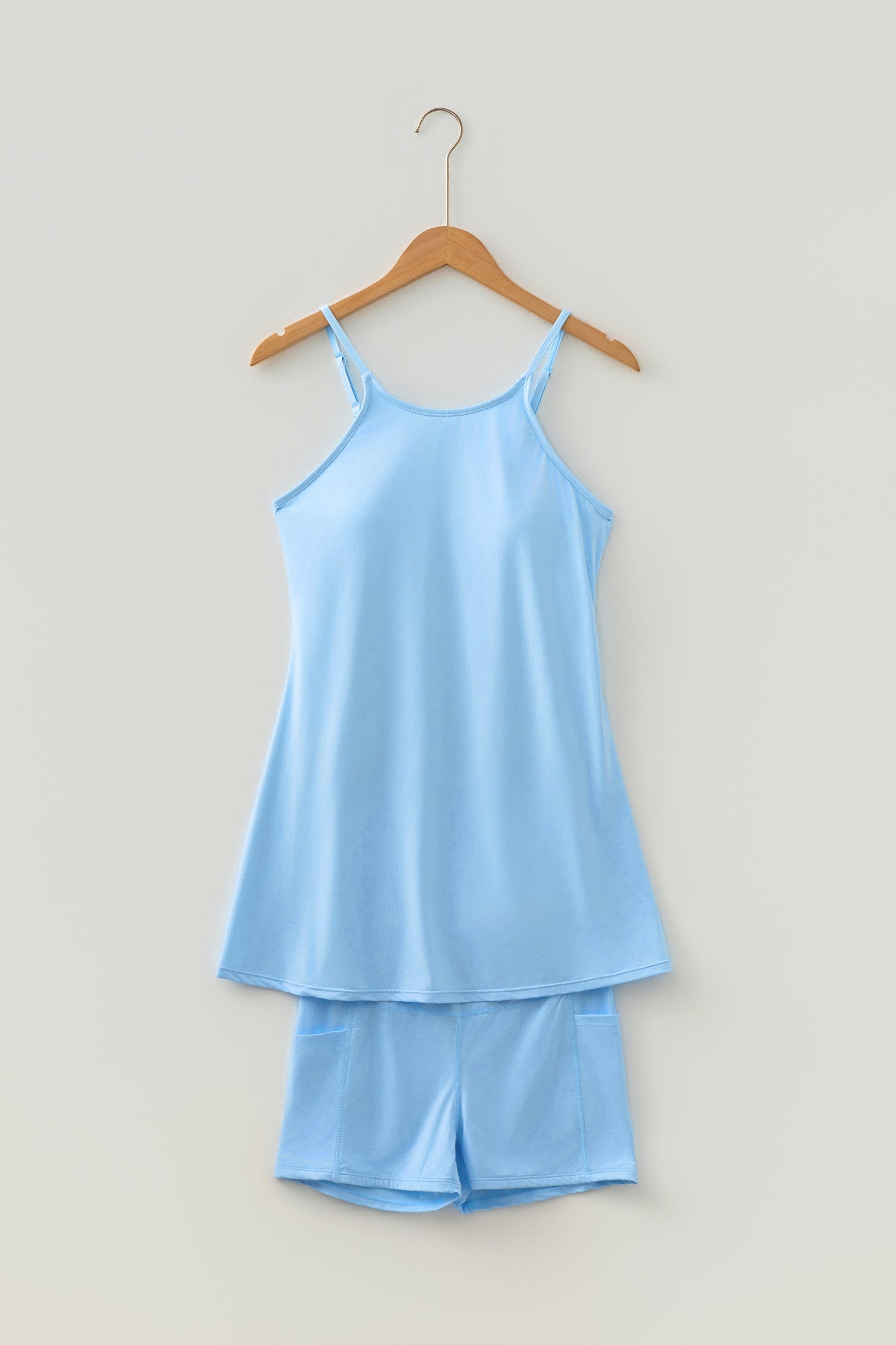 Beau Blue Solid Color Tunic Tank Dress Athletic Shorts Two Piece Set