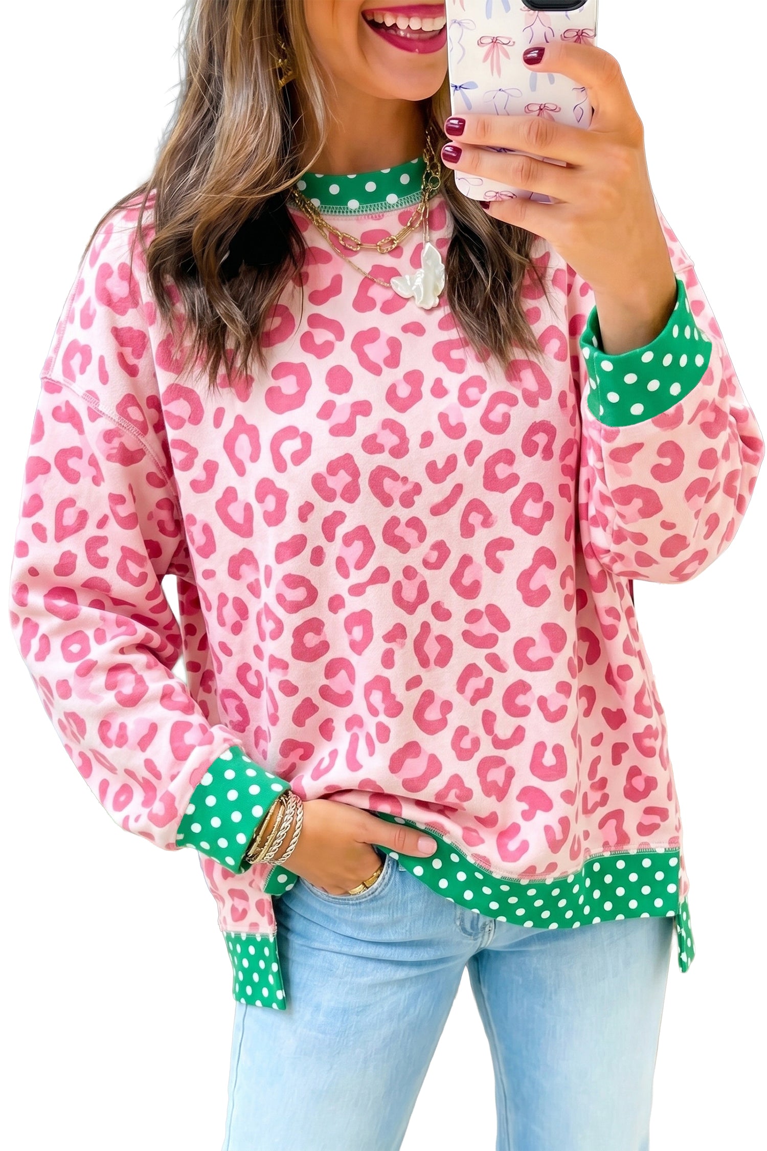 Khaki Leopard Polka Dot Colorblock Trim Long Sleeve Top