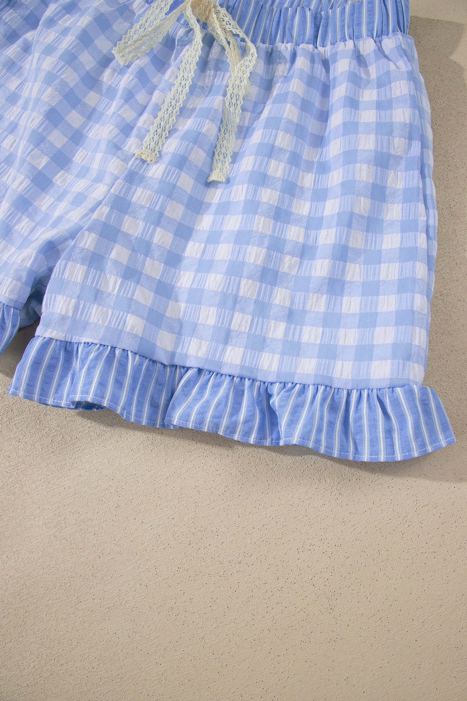 Pink Gingham Print Ruffle Striped Detail Lace Tie Shorts