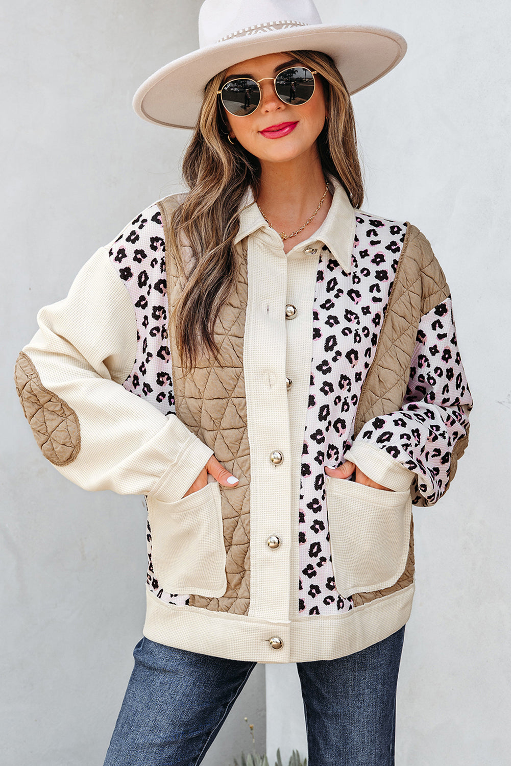 Khaki Leopard Waffle Quilted Patchwork Button Front Jacket
