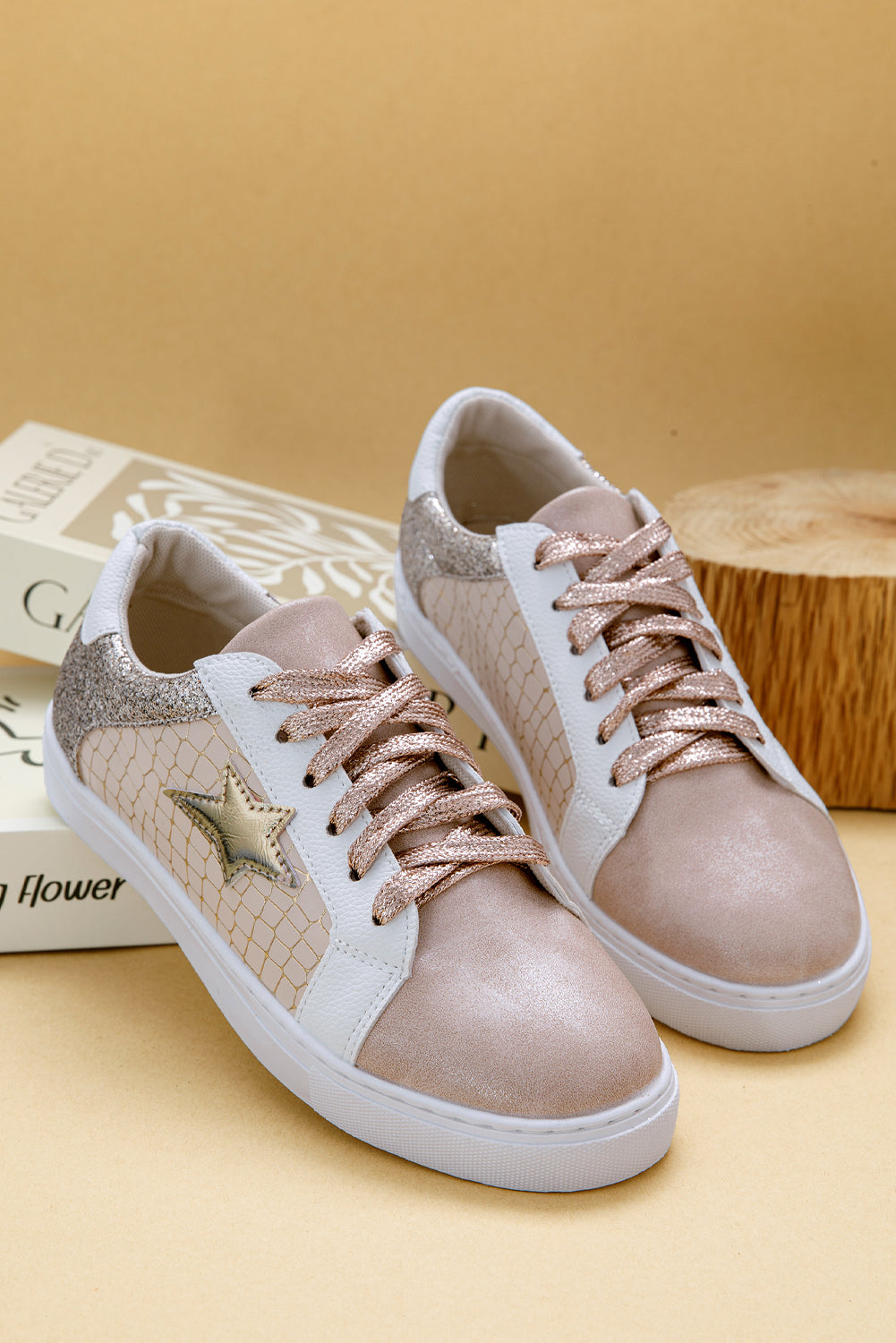 Dearlove Gold Glitter Star Patchwork PU Leather Lace-up Sneakers