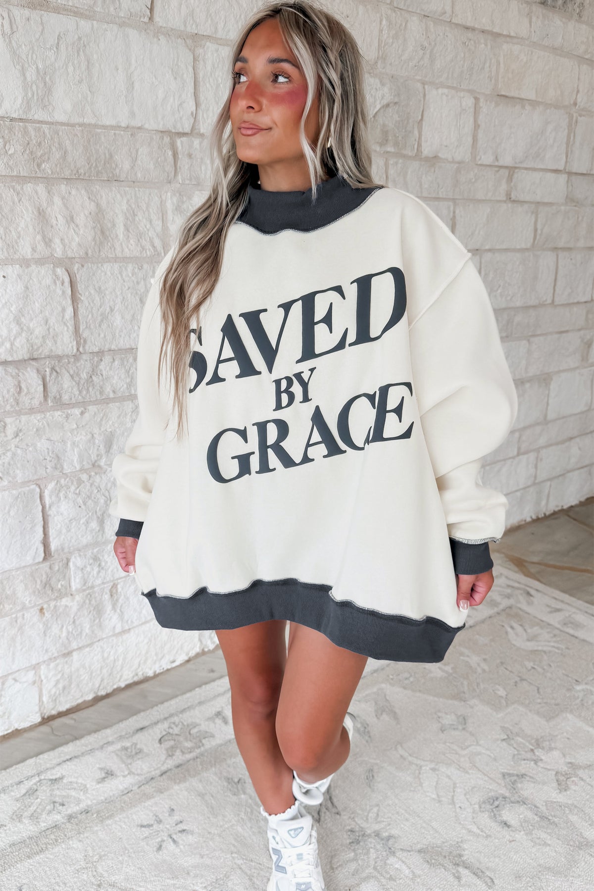 Coffee Saved By Grace Print Color Block Mock Neck Oversized Sweatshirt