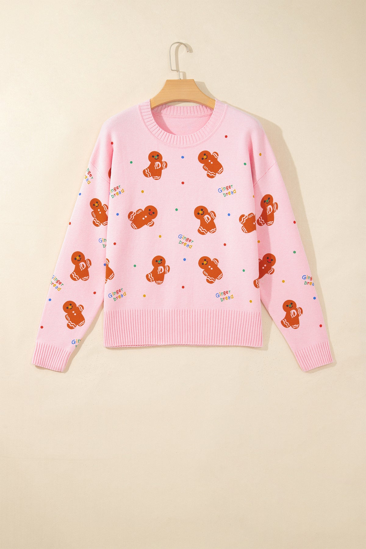 Pink Festive Gingerbread Pattern Long Sleeve Round Neck Sweater