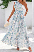 Sky Blue Floral Print Ruffled One Shoulder Vacation Maxi Dress