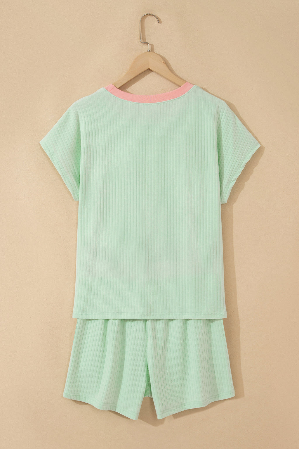 Yellow Cream Soft Ribbed Color Block Trim Casual Short Set