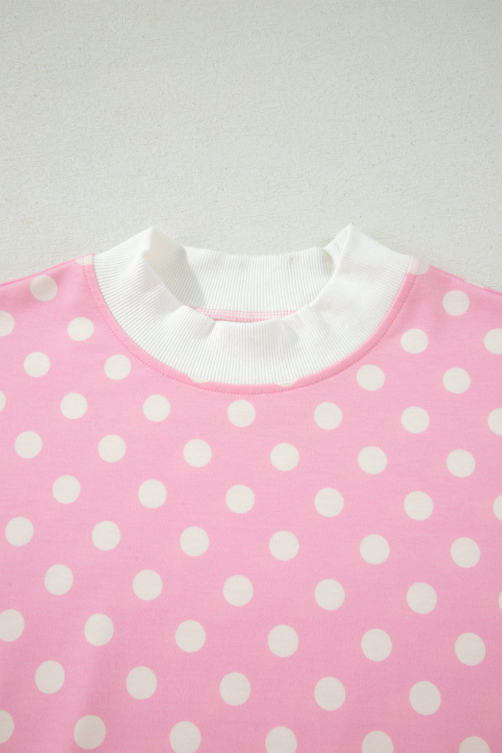 Pink Polka Dot Print Color Block Trim Mock Neck Short Set