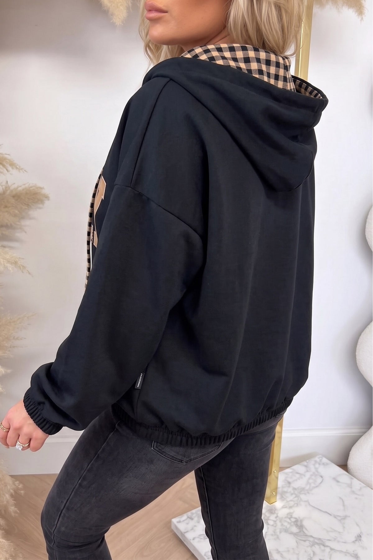 Light Grey PRAY Mix Pattern Letter Graphic Plaid Contrast Drawstring Hoodie