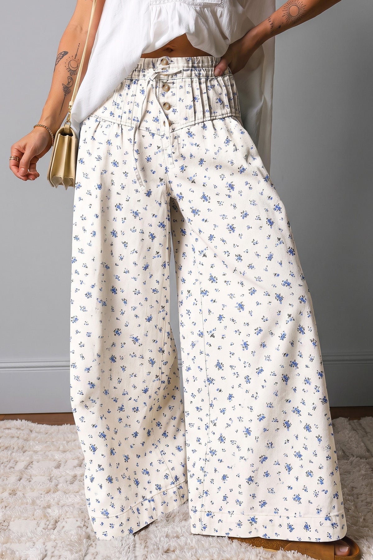 White Floral High-Waisted Wide-Leg Jeans with Drawstring