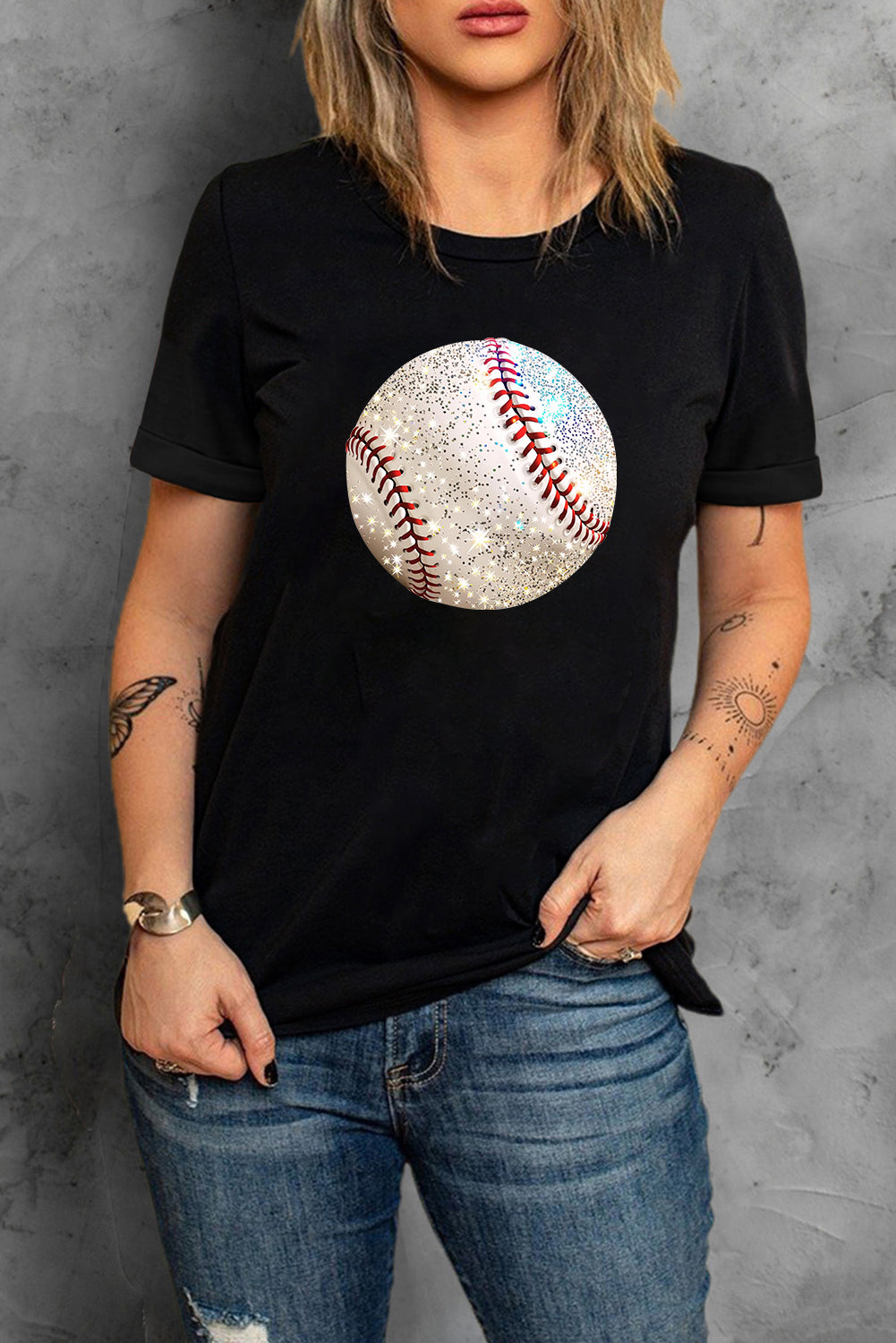 Black Heat Transfer Baseball Print Cotton Blend T Shirt