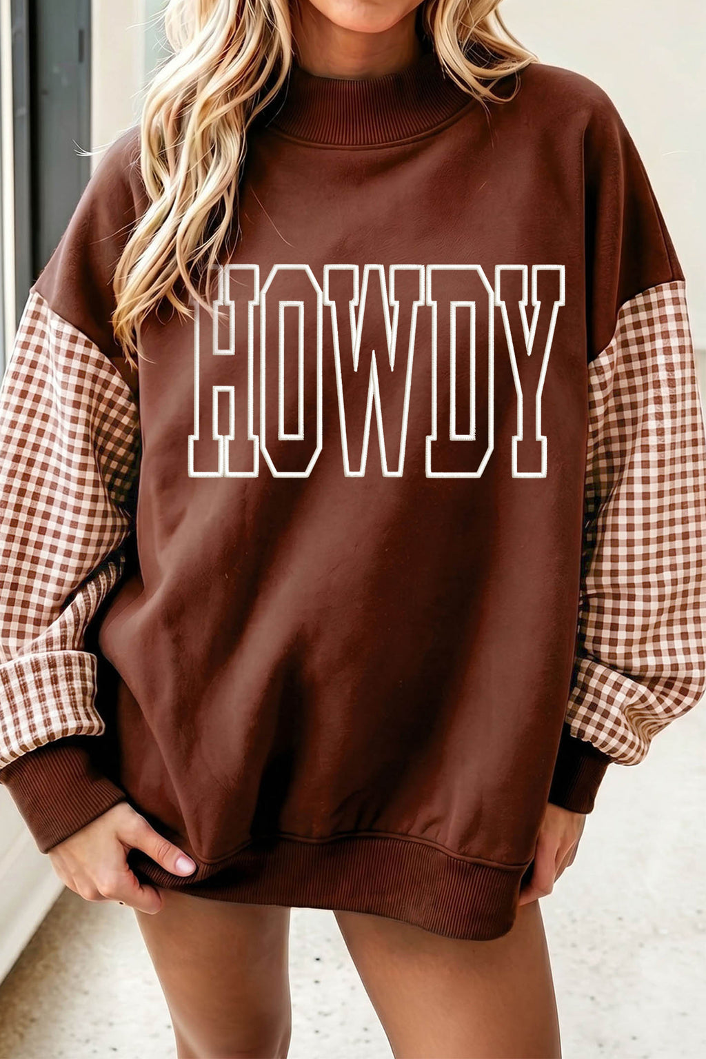 Coffee Contrast Plaid Sleeve HOWDY Embroidered Letter Graphic Mock Neck Sweatshirt