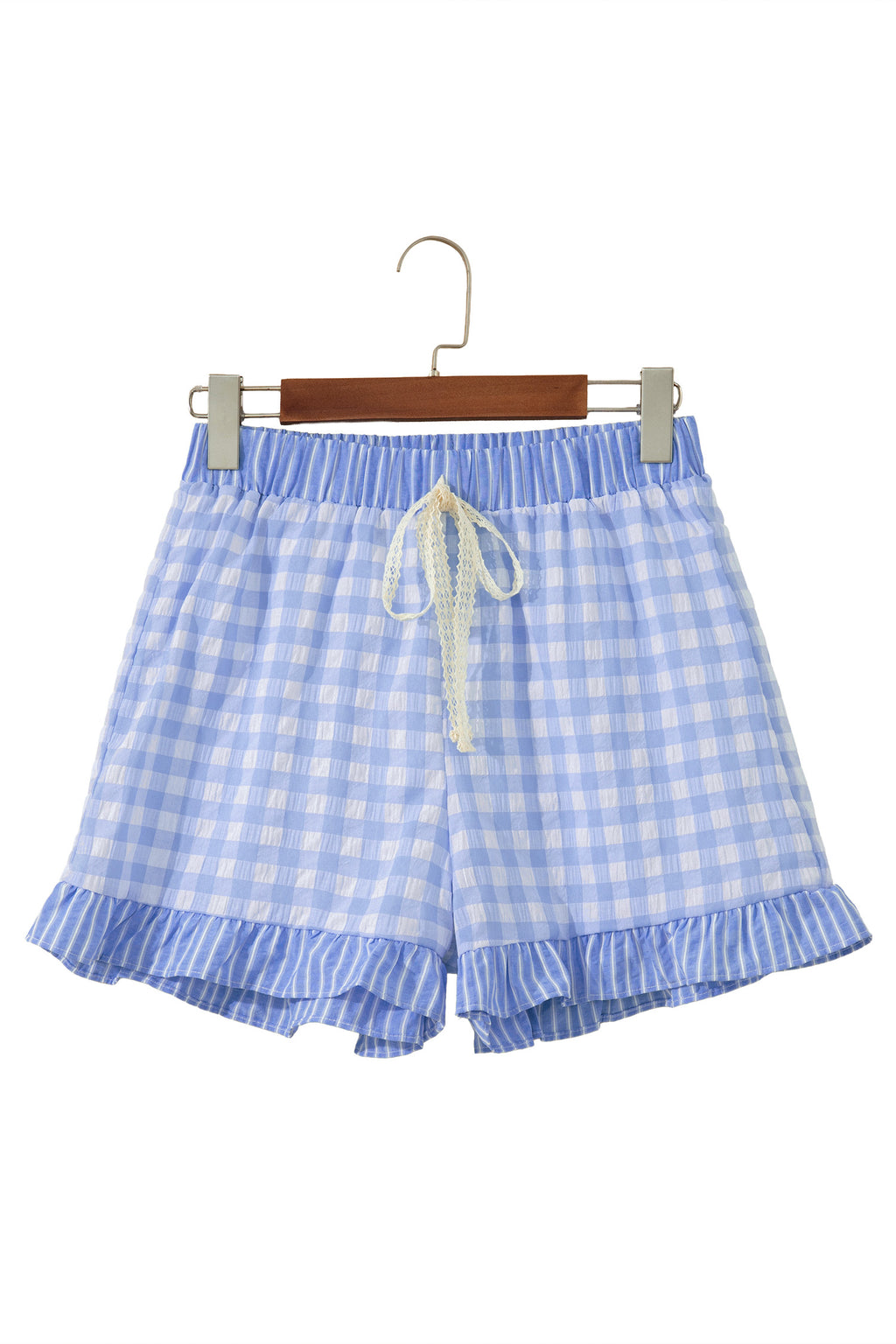 Pink Gingham Print Ruffle Striped Detail Lace Tie Shorts