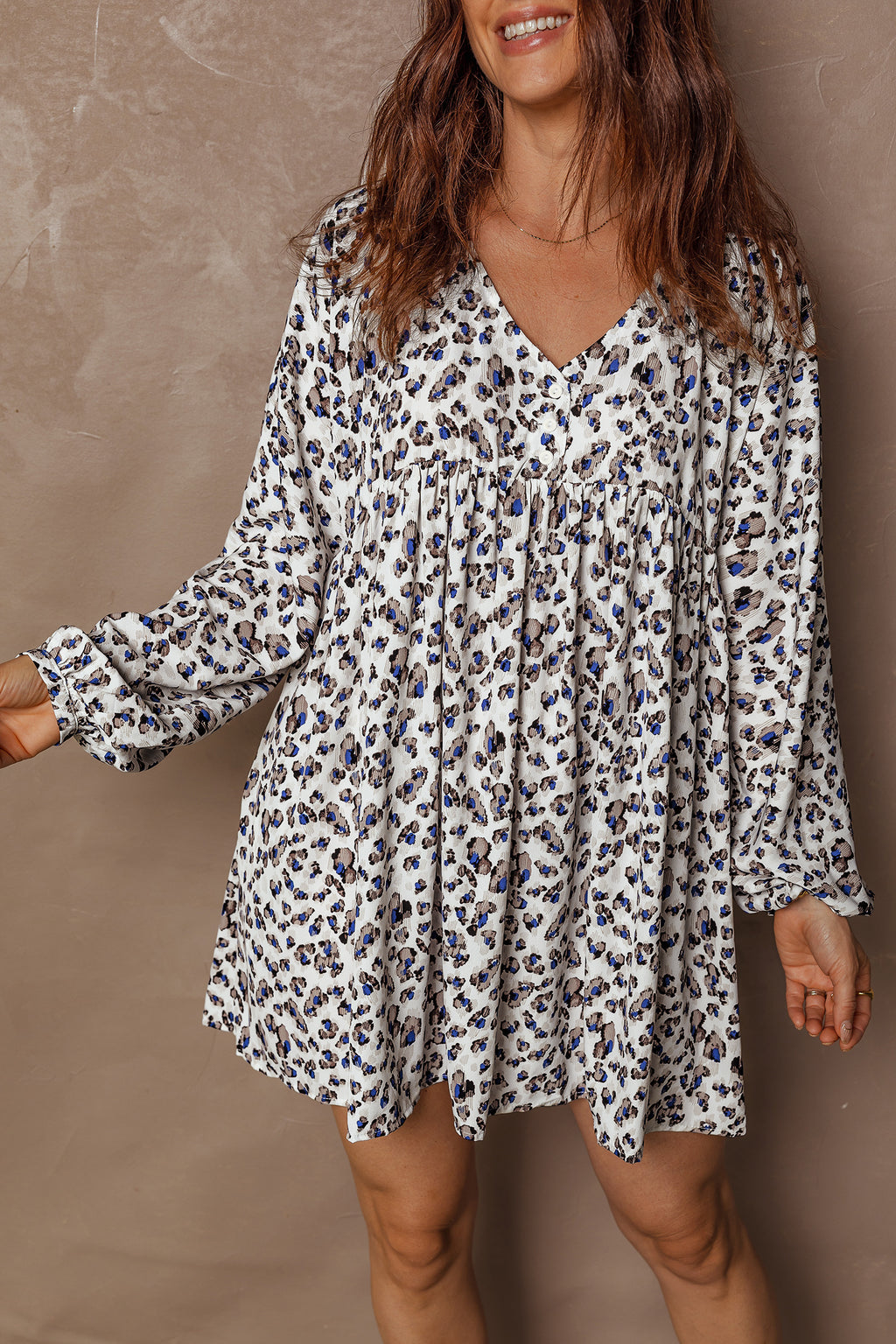 Multicolour Leopard Print V Neck Button Detail Long Sleeve Mini Dress