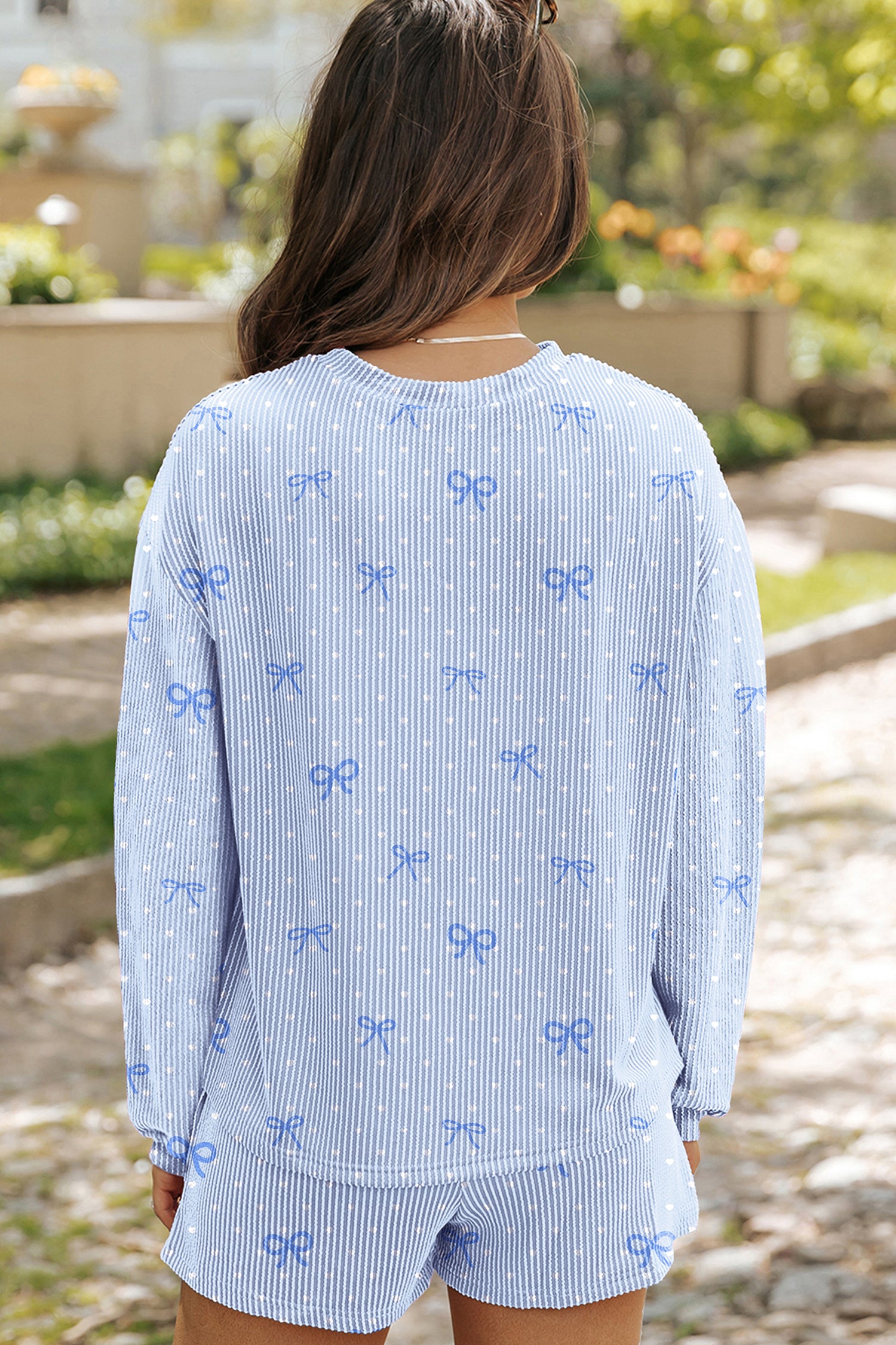 Sky Blue Valentines Bow Print Twisted Rib Loose Long Sleeve Top 2pcs Short Set