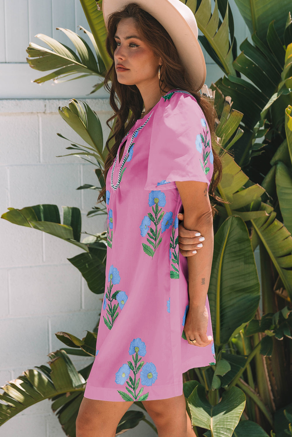 Rose Floral Short Sleeve Split Neck Loose Mini Dress