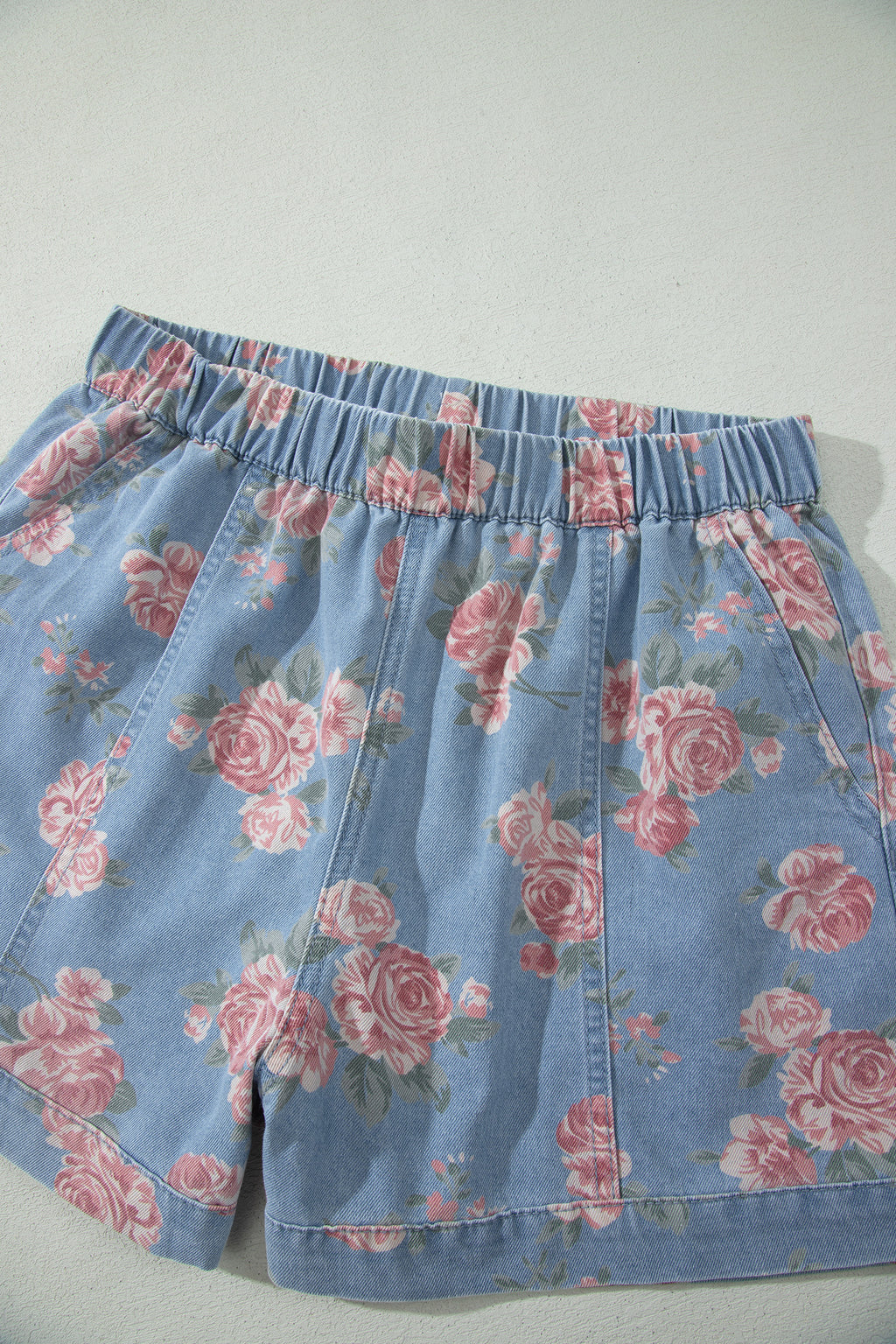 Sky Blue Floral Denim Short Sleeve Top Loose Shorts 2pcs Set