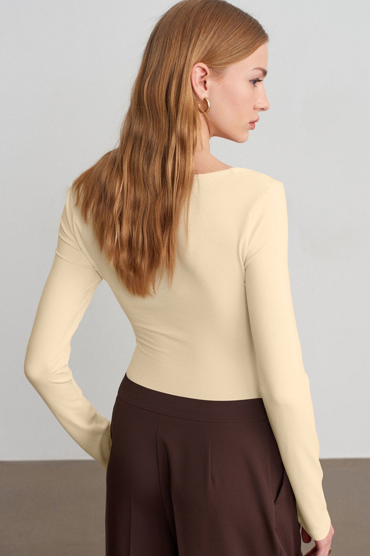 Slim-Fit V-Neck Long-Sleeve Top with Built-In Bra