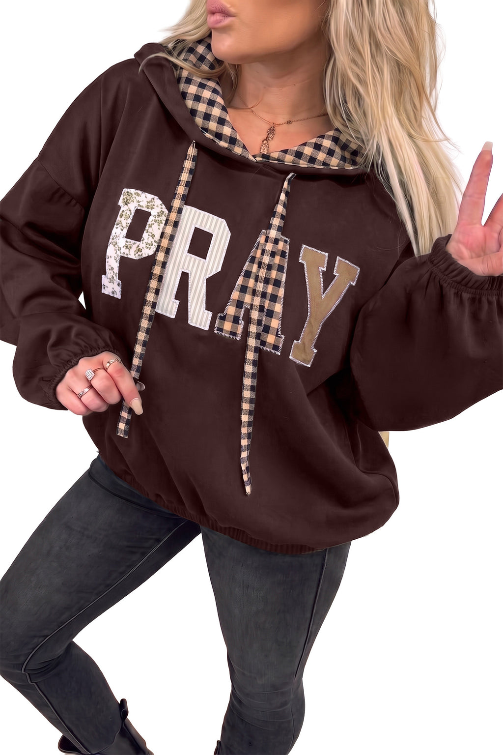 Light Grey PRAY Mix Pattern Letter Graphic Plaid Contrast Drawstring Hoodie