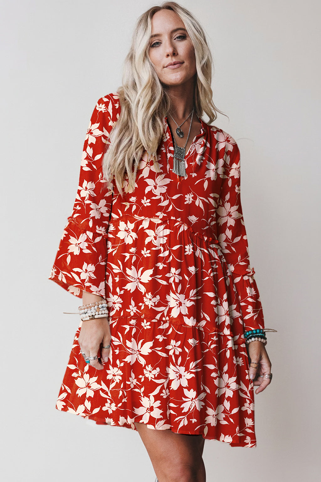 Red Boho Floral Print Lettuce Trim 3/4 Sleeve Mini Dress Red / XL / 100%Viscose