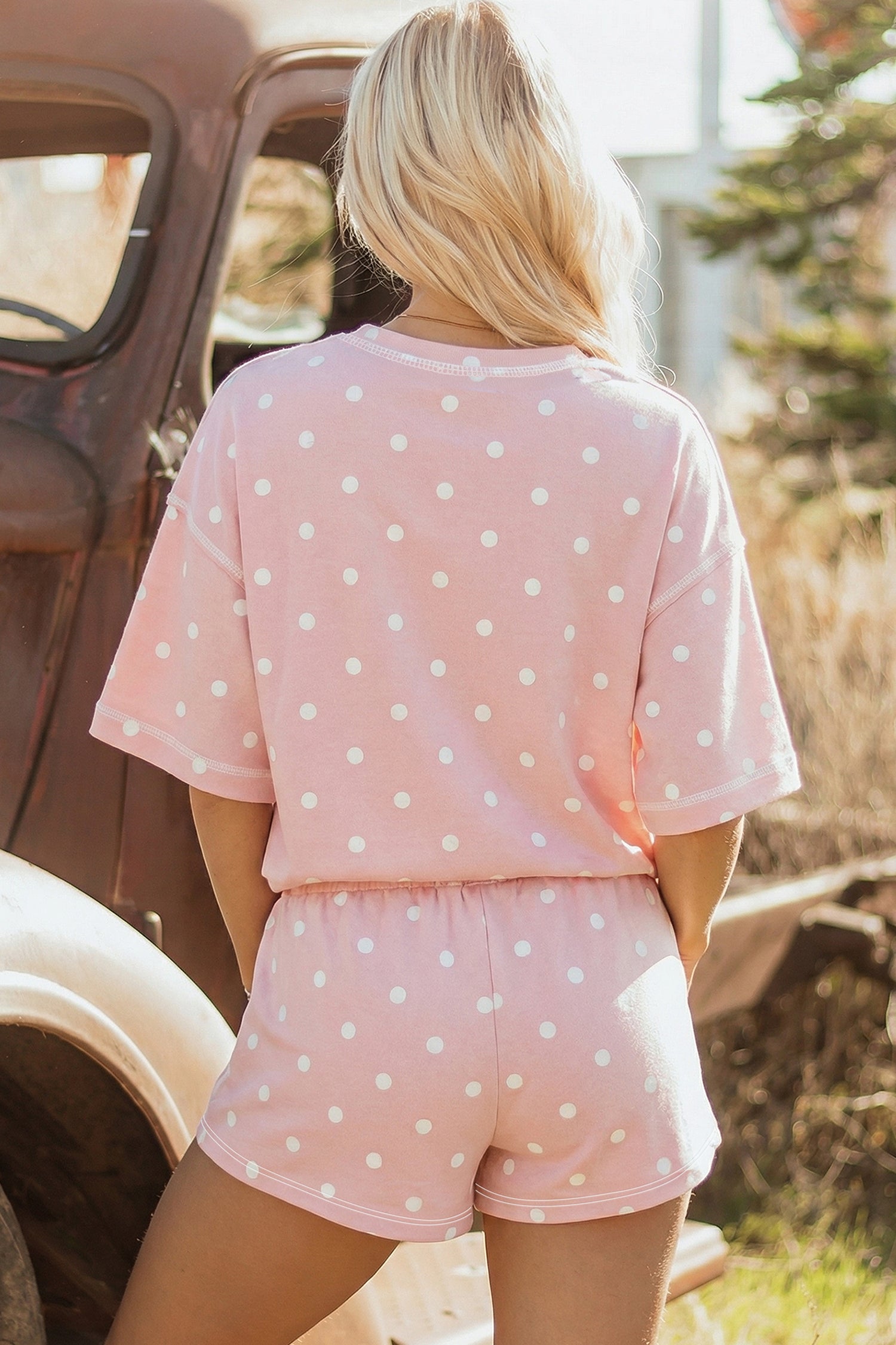 White Exposed Seam Detail Polka Dot Loose Tee Drawstring Shorts Set