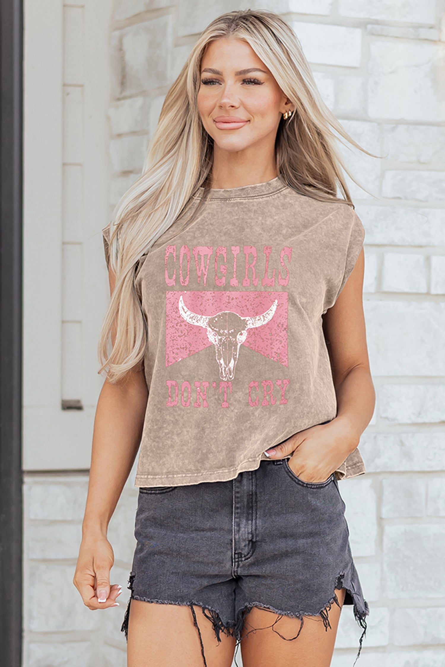 Smoke Gray Cowboy & Beer Western Graphic Mineral Wash Tank Top